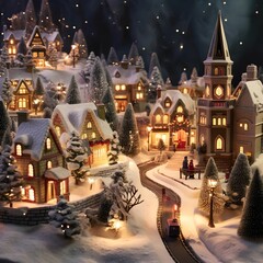 Miniature Christmas village with snow and christmas trees in winter.