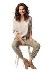 A woman in relaxed attire sitting on a stool Isolated