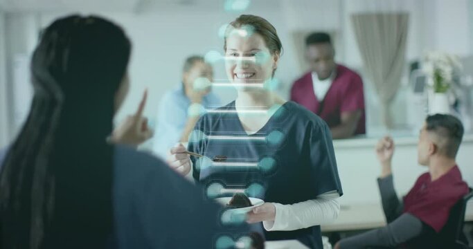 Animation of dna strand and data processing over diverse doctors in hospital