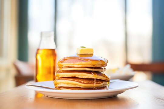 stack of pancakes with maple syrup and butter