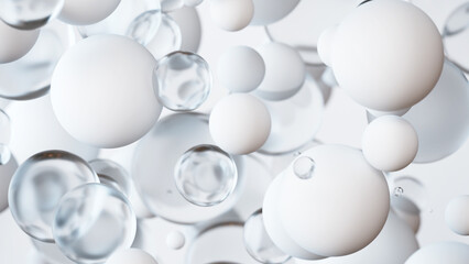 白と透明の球。抽象的な3Dの背景。
