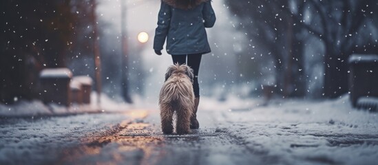 A woman with a fluffy dog walks along a wet, snowy street reflecting the surroundings, useful for winter pet care content.