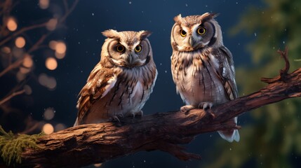 Enchanting duo: two owls perched on a majestic tree - stunning 8k hd wallpaper   stock photographic image