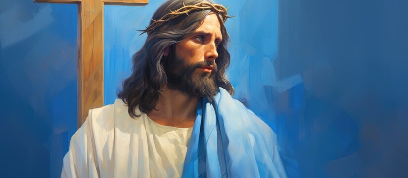 Jesus wearing blue and carrying a cross.