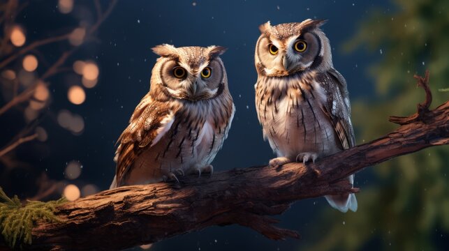 Enchanting duo: two owls perched on a majestic tree - stunning 8k hd wallpaper | stock photographic image © Ashi