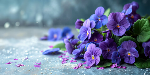 Banner with a bouquet of delicate violets and copy space for concept, layout for Valentine's Day