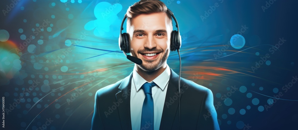 Aufkleber friendly helpline operator in call center with a smile.