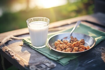 cereal with almond milk in outdoor morning light - obrazy, fototapety, plakaty