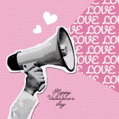 Poster Happy Valentine's day square banner. Halftone megaphone, loudspeaker with love speech bauble. Collage with cut out symbols of Valentine's day. Vector illustration for party, posters, cards. © LanaSham