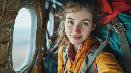 Young woman with backpack in a helicopter, ready for adventure