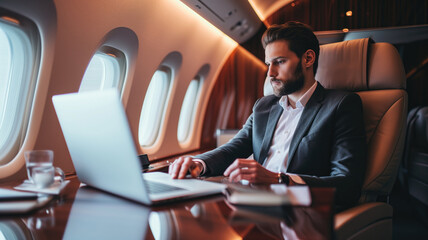 Businessman working on laptop in luxury private jet cabin - obrazy, fototapety, plakaty