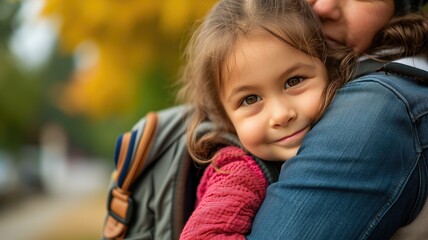 Obraz premium A young girl warmly hugged, smiling over her shoulder