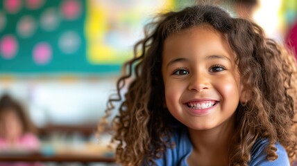 Joyful curly-haired girl smiling in a classroom setting
