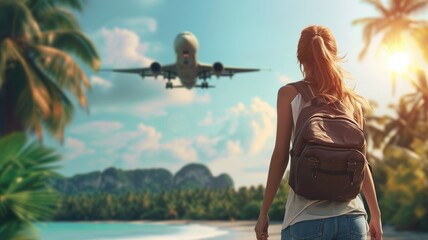 Woman watching a plane fly over a tropical beach with palm trees