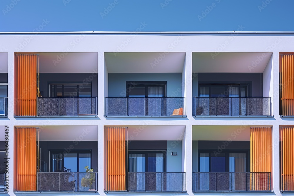 Poster a picture of an apartment building with multiple balconies. suitable for real estate, architecture, 