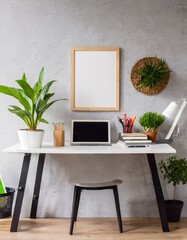 Home Office desk with supplies, plants and empty wall; modern minimal
