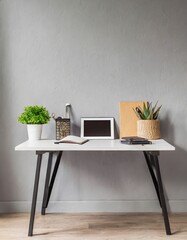 Home Office desk with supplies, plants and empty wall; modern minimal