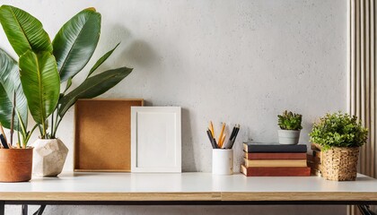Home Office desk with supplies, plants and empty wall; modern minimal