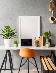Home Office desk with supplies, plants and empty wall; modern minimal