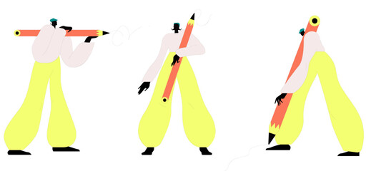Woman with a large Pencil. Young person holding pencil. Cute funny isolated characters. Cartoon style. Hand drawn Vector illustration. Drawing, writing, creating, design, blogging concept.