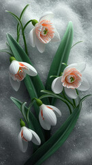 3D image in art nouveau style of delicate snowdrops lying on spring snow, international women's day vertical poster