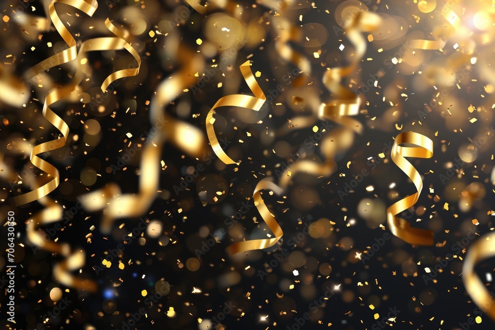 Poster a stunning image of a bunch of gold confetti on a black background. perfect for adding a touch of gl