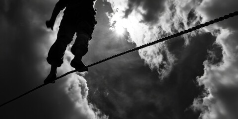 A daring individual walking on a tightrope suspended in the sky. Perfect for illustrating risk-taking and pushing boundaries.