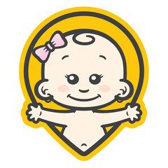 Vector yellow map pin icon with an image of a waving baby girl. Isolated on white background