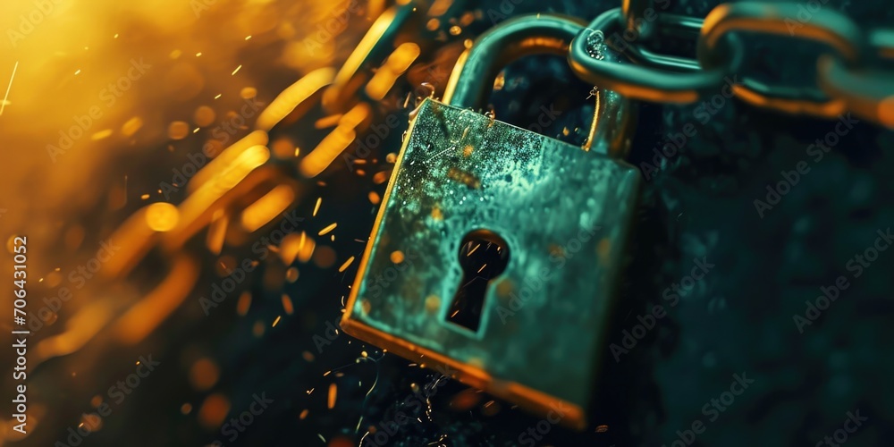 Poster a detailed close up of a lock on a chain. perfect for illustrating security, protection, or confinem
