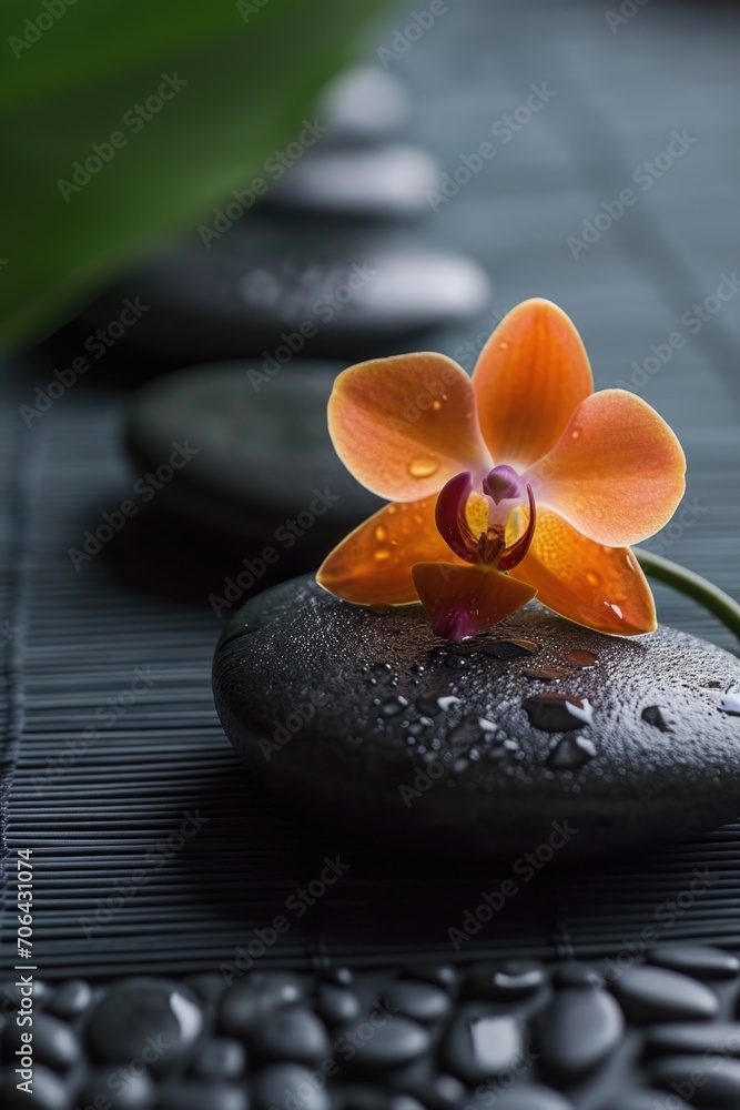 Poster A beautiful single orange flower delicately placed on top of a pile of black stones. Perfect for adding a pop of color to any design or showcasing the contrast between nature and man-made elements