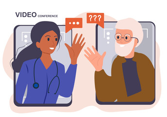 Elderly man consults with doctor via video call. Female character prescribes medicine for grandfather. Specialist communicates with old patient of online. Telemedicine concept. Flat vector