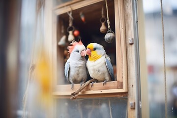 cockatiel couple inside a nesting box in aviary - obrazy, fototapety, plakaty