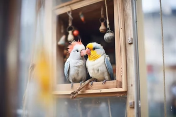 Fotobehang cockatiel couple inside a nesting box in aviary © Natalia
