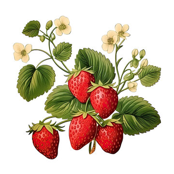 Hand drawn illustration of strawberry with branches, strawberry vines plant isolated on white background
