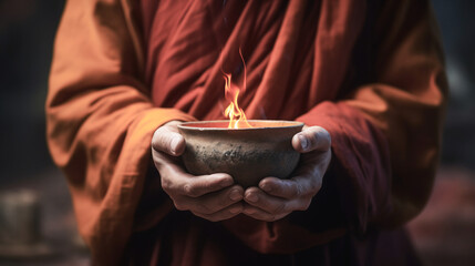 Manos de Monje con cuenco tibetano y fuego practicando budismo. Monje budista practicando una oración.  - obrazy, fototapety, plakaty