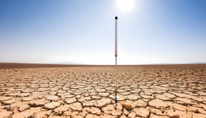 Image of a mercury thermometer planted on the ground in a desert with the scorching sun. Reference to climate change.