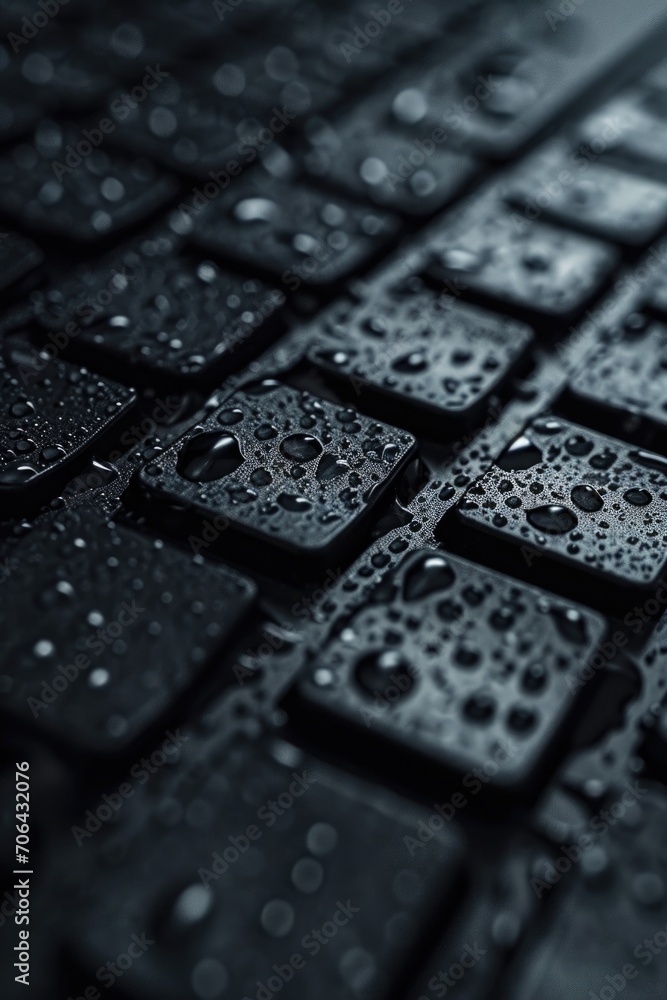 Poster a close up of a keyboard covered in water droplets. perfect for illustrating the concept of water da