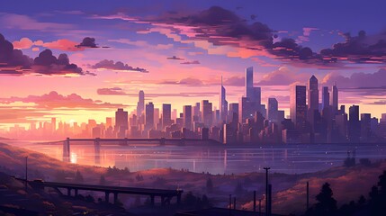 New York City skyline panorama over Hudson River at sunset, USA