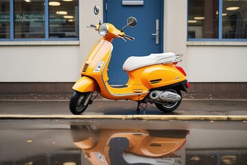 scooter with reflective safety stickers outside an urban apartment block