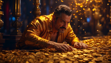 A rich man counts his gold coins - obrazy, fototapety, plakaty