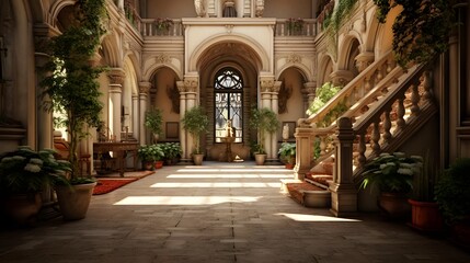 Interior of a beautiful palace with stairs and plants in the sunlight