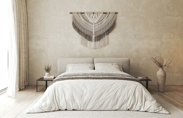 Serene bedroom interior with a plush bed, large macrame wall hanging, and minimalist bedside decor in neutral tones