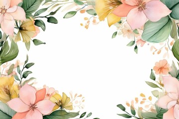 Watercolor floral illustration with a leaf frame border in green, blush pink, and yellow. Perfect for wedding stationary, greetings, wallpapers, fashion, and backgrounds. Generative AI