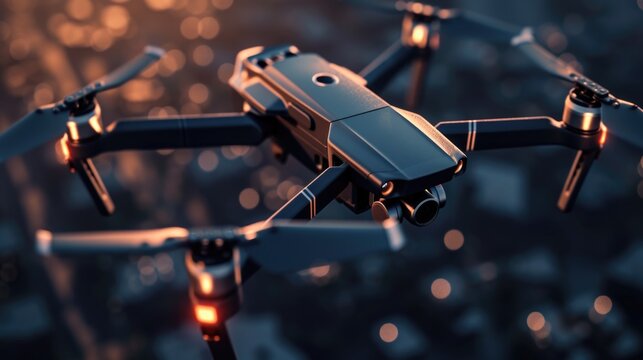 A close-up view of a drone flying over a city. Perfect for illustrating modern technology and urban landscapes - Powered by Adobe