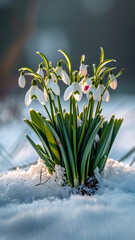 Vertical poster of snowdrops growing through the snow, concept card for Valentine's Day