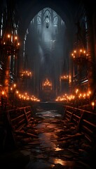 Mysterious dark church interior with glowing candles. 3D Rendering