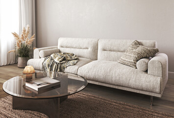Spacious and modern living room with a textured sofa, cozy throw blanket, and round glass coffee table on a shag rug