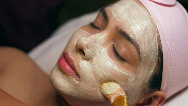 Shot of a woman enjoying a facial treatment at a beauty salon - cosmetology and spa treatment. Closeup of applying a skin mask with a brush to a woman's face - deep facial cleansing  beauty moistur...