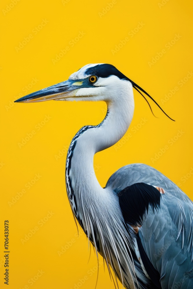 Fototapete A detailed view of a bird perched on a vibrant yellow background. Perfect for adding a pop of color to any project or design