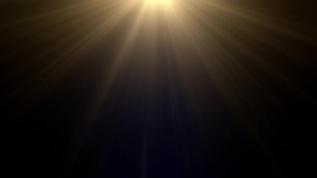 Loop top center gold optical lens flares shine light ray animation art on black abstract background for screen project overlay. Lighting lamp rays effect dynamic bright video footage.